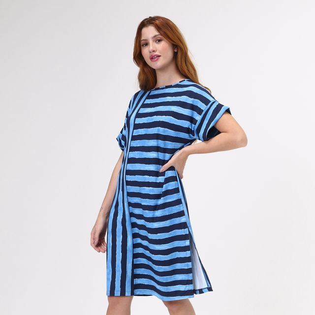 Women’s Stripes II Short Sleeve Beach Cover-Up T-Shirt Dress UPF 50+ Navy Blue / S